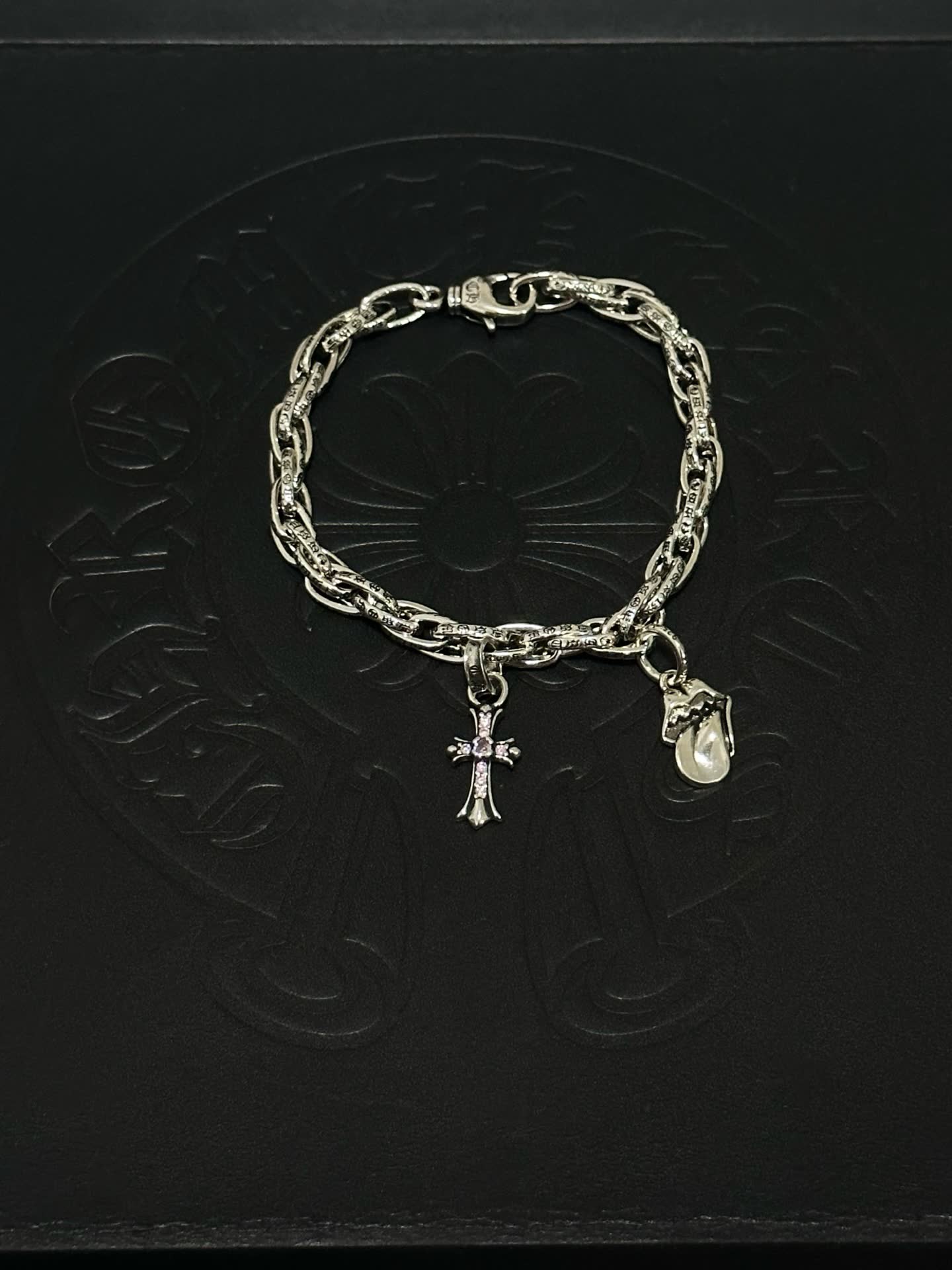Chrome Hearts Silver Cross Charm Bracelet with Pearl Pendant